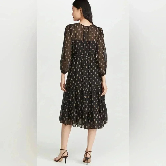 Shoshanna Benson Tiered Long Sleeve Sheer Metallic Chiffon Midi Dress Jet/Bronze - Picture 5 of 12